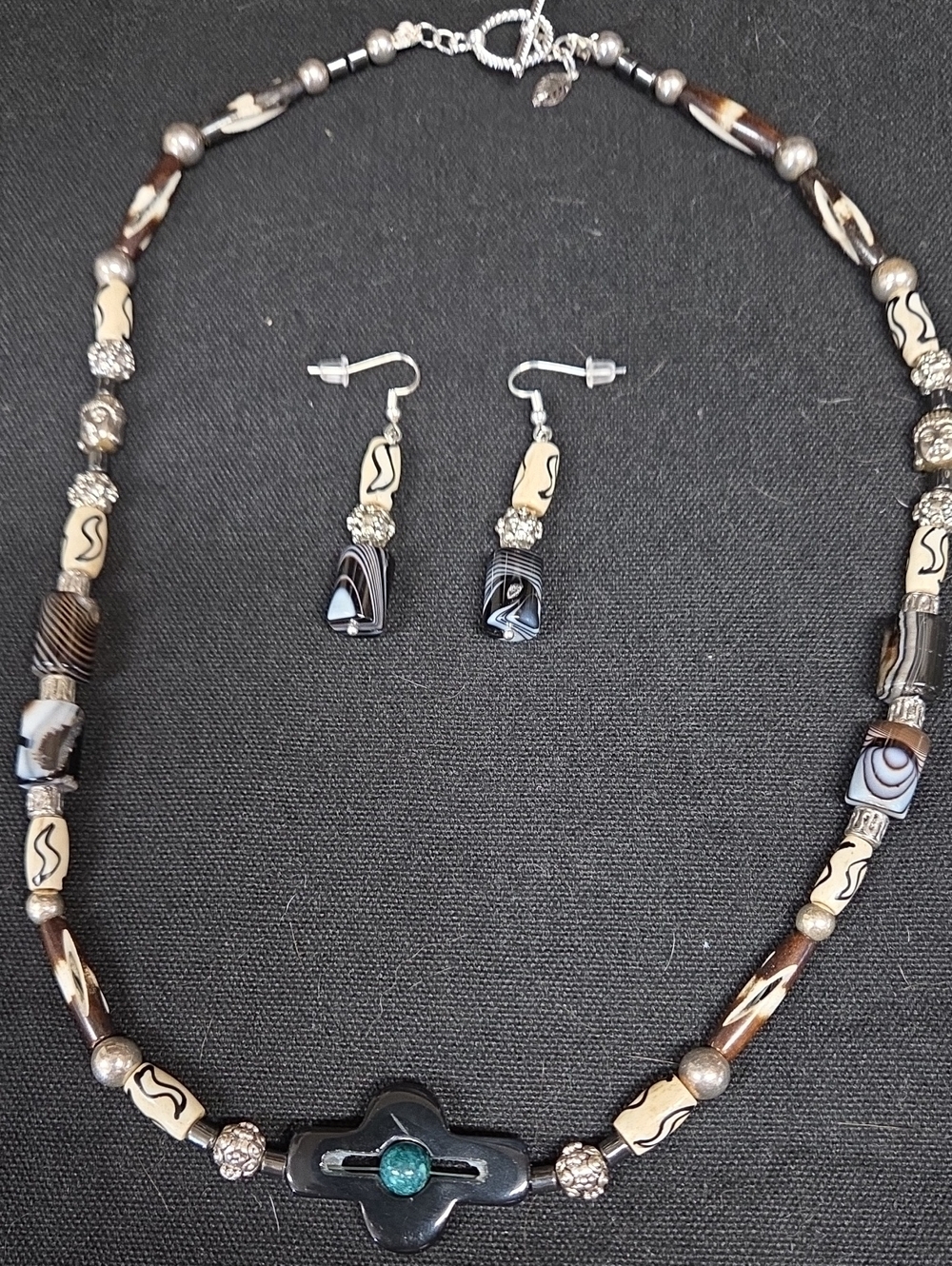 Handcrafted Black and Cream Beaded Necklace with Matching Earrings